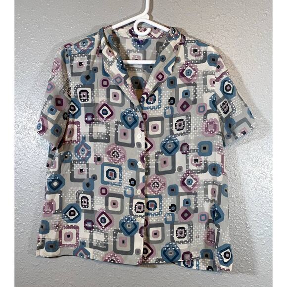 Womens Large Short Sleeve Blouse Shirt Top Tee Collared Geometric y2k Retro - Picture 1 of 8